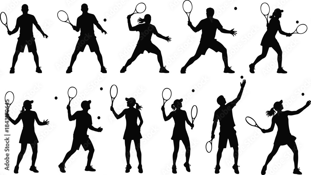 Fototapeta premium Tennis, silhouette, player, action, serve, forehand, backhand, sport, racket, motion, dynamic, athlete, pose, black, vector, isolated, competitive, game, swing, illustration
