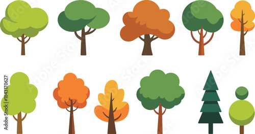 Minimal flat tree icons set, colorful forest elements illustration, nature landscape design, simple geometric trees collection isolated