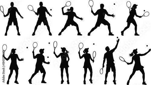 Tennis, silhouette, player, action, serve, forehand, backhand, sport, racket, motion, dynamic, athlete, pose, black, vector, isolated, competitive, game, swing, illustration