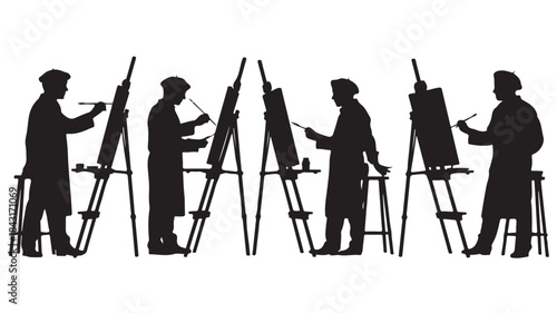 Artists Painting on Easels in Studio, Silhouette Illustration, Isolated on White Background