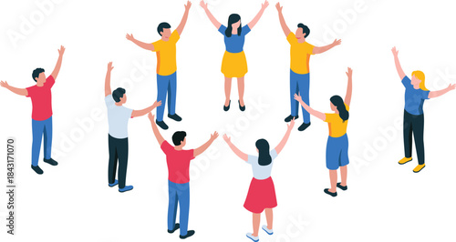 People holding hands in circle illustration, teamwork community concept, unity cooperation friendship design, flat isometric style