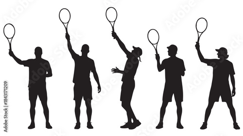 Tennis Players Silhouettes Holding Rackets Isolated on White Background