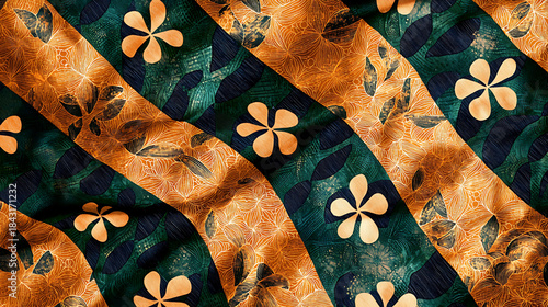 Vibrant artisanal textile pattern featuring wavy stripes in rich earthy orange and deep teal, adorned with delicate floral motifs, evoking a handcrafted and organic feel