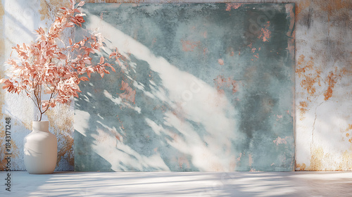 Peaceful Interior Scene with Delicate Blossoms and Textured Teal Art, Illuminated by Sunlight, Creating a Modern and Serene Aesthetic