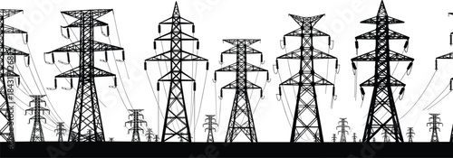 High Voltage Power Lines, Electricity Transmission Towers Silhouette Against Sky, Energy Distribution Network Infrastructure, Global Electrification, Modern Industry, Renewable Power Grid Background