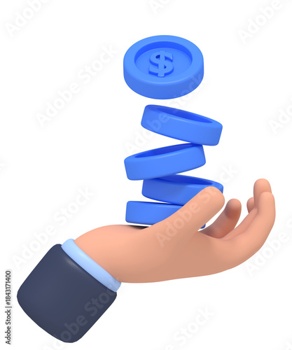 3D Render of Coins Falling on Hand