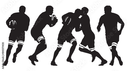 Rugby Players Silhouettes Tackling on Field Vector Illustration