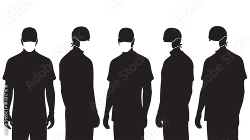 Silhouetted Men Wearing Surgical Masks and Caps Isolated on White Background