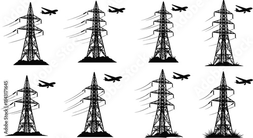 Transmission towers with airplane silhouettes, black and white vector illustration, aviation theme, infrastructure design, power line corridor, silhouette art