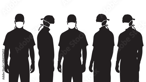Silhouetted Men Wearing Medical Masks and Caps Isolated on White Background