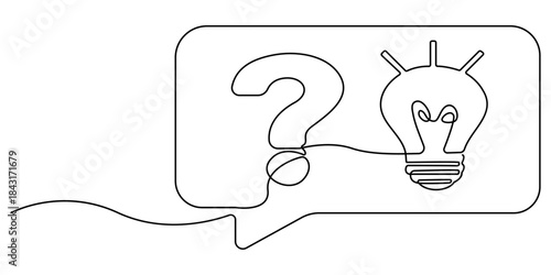 Hand drawn one line vector. Quick tips. Continuous one line drawing of question mark, light bulb and speech bubbles. Vector illustration isolated on white. Editable outline