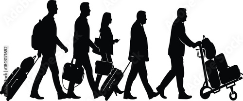 Traveling people silhouettes walking with luggage, representing tourism, airport journey, business travel, transportation concept, modern vector illustration for creative design projects