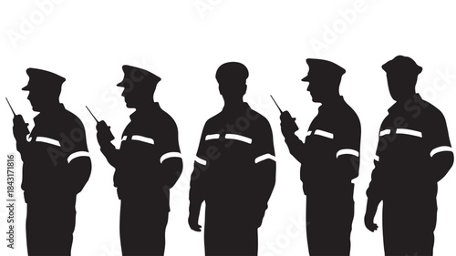 Police Officers Silhouettes Using Radios Isolated on White Background
