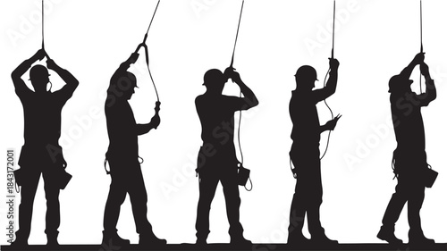 Silhouette of Men Pulling Ropes Isolated on White Background