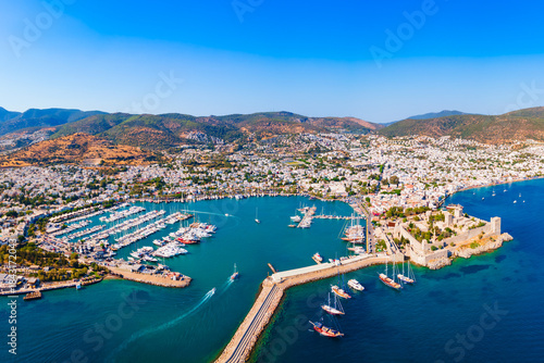 Fototapeta Naklejka Na Ścianę i Meble -  Bodrum beach and marina aerial panoramic view in Turkey