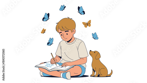 Illustration of a boy drawing with butterflies and a dog on a white background