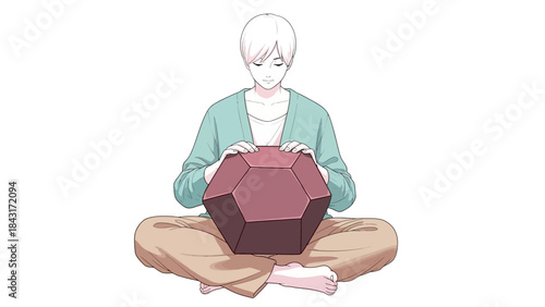 A contemplative individual meditating with a geometric object on white background design