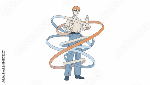 Illustration of a man interacting with spiraling ribbons on a white background design