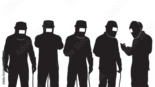 Silhouetted Workers Wearing Protective Masks and Helmets Isolated on White Background