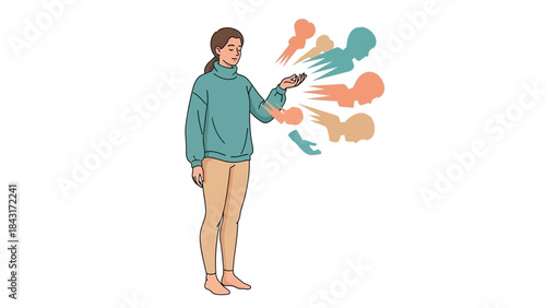 Woman with hand outstretched towards stylized figures, representing ideas and connections