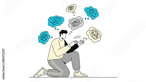 Illustration of a man with thoughts in his head, symbolizing mental health challenges