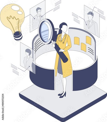 医療DXの情報を調査する女性医師のアイソメイラスト