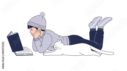Illustration of a person reading a book with a cat during a cozy winter afternoon
