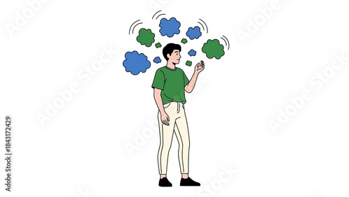 Illustration of a man with thoughts or ideas floating above his head to describe the concept