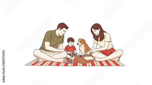 Family Picnic With Dog Enjoying Leisure Time Outdoors Relaxing Together in Nature