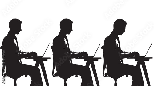Businessman Working on Laptop in Three Different Postures Silhouette