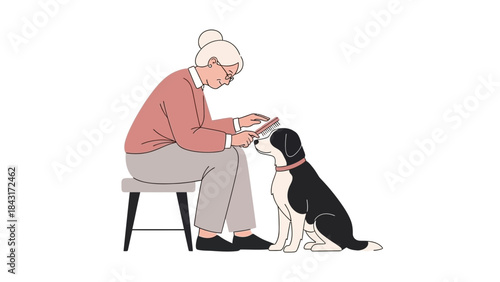 An elderly woman brushes her dog, illustrating pet care and companionship