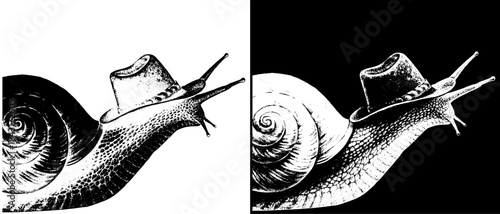 Vintage Snail Cowboy Engraving with Hat, Inverted Black White Xerography Vector on Transparent Background for Laser Engraving on Dark Surface