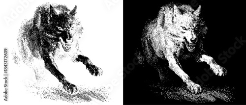 Vintage Running Wolf Engraving, Inverted Black White Xerography Vector on Transparent Background for Laser Engraving on Dark Surface
