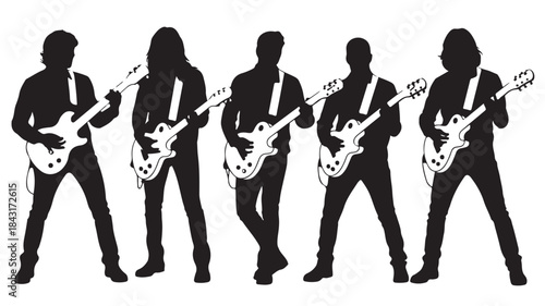 Rock Band Silhouettes Playing Electric Guitars Isolated on White Background