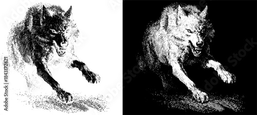 Vintage Running Wolf Engraving, Inverted Black White Xerography Vector on Transparent Background for Laser Engraving on Dark Surface