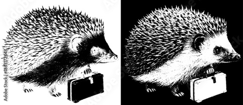 Vintage Hedgehog with Suitcase Engraving, Inverted Black White Xerography Vector on Transparent Background for Laser Engraving on Dark Surface