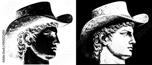 Vintage David Statue Cowboy Engraving with Hat, Inverted Black White Xerography Vector on Transparent Background for Laser Engraving on Dark Surface