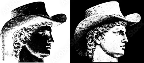 Vintage David Statue Cowboy Engraving with Hat, Inverted Black White Xerography Vector on Transparent Background for Laser Engraving on Dark Surface
