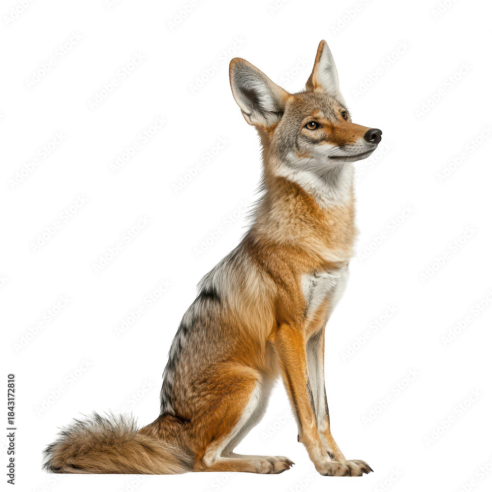 Fototapeta premium A majestic coyote sitting gracefully against a white backdrop. its natural beauty and alert demeanor. perfect for wildlife photography and educational purposes