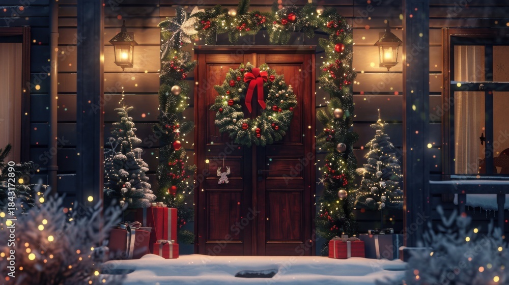Fototapeta premium Christmas wreath door decoration renderings