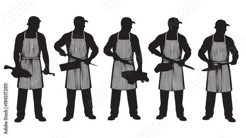 Five Craftsmen Standing with Tools Wearing Aprons Isolated on White Background