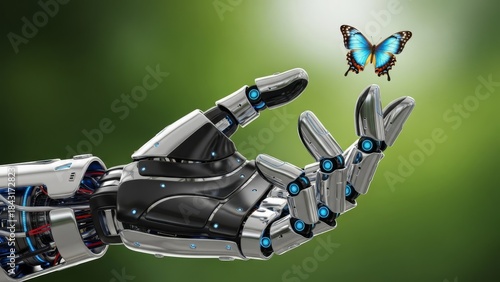 Futuristic Robotic Hand Holding a Vibrant Butterfly Against a Green Background