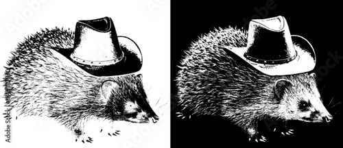 Vintage Porcupine Cowboy Engraving with Hat, Inverted Black White Xerography Vector on Transparent Background for Laser Engraving on Dark Surface