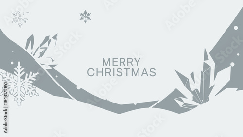 Merry christmas greeting card with snowflakes and mountains on light gray background