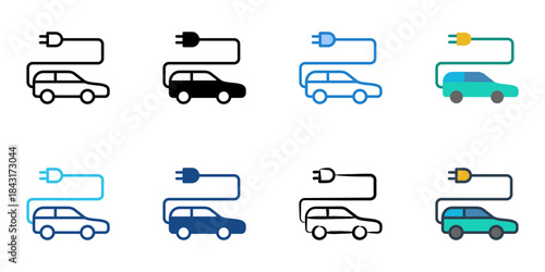 Electric car icon set multiple style vector collection. Editable Stroke 
