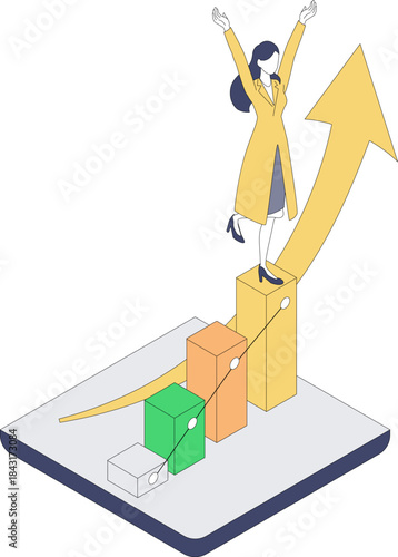 医療DXの成功を喜ぶ女性医師のアイソメイラスト