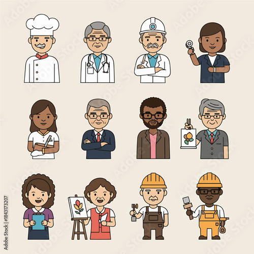 Collection of diverse professionals in a grid format, showcasing various occupations and skills