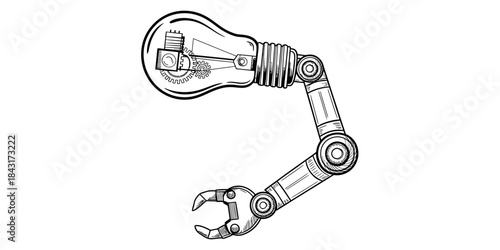 A robotic arm illustration with a light bulb head symbolizing innovation Vector, illustration