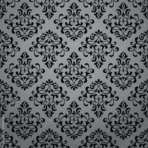 Wallpaper in the style of Baroque. Gray and black floral ornament. Seamless vector background. Graphic pattern for fabric, wallpaper, packaging. Ornate Damask flower illustration
