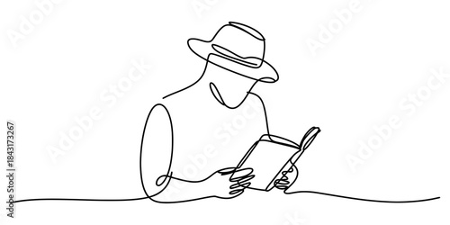 One continuous line drawing of a person wearing a hat and reading a book Vector, illustration
